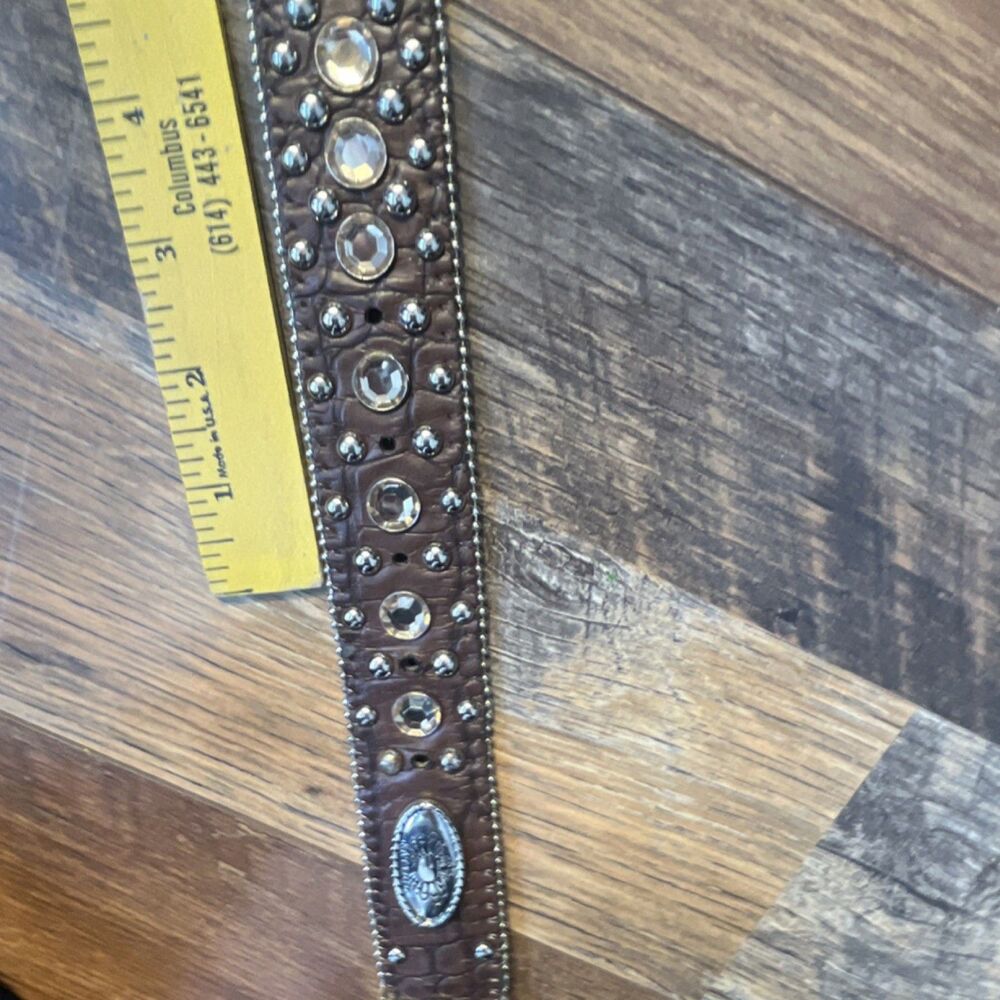 Brown Western Wide Belt M Rhinestone Studded Adjustable Buckle Women - Picture 6 of 8